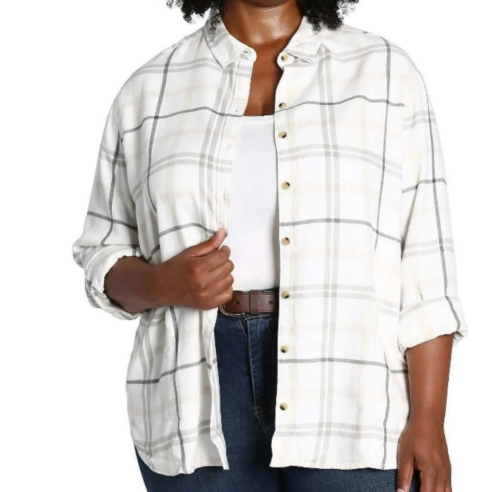JACHS Girlfriend White and Gray Plaid Button Down Shirt